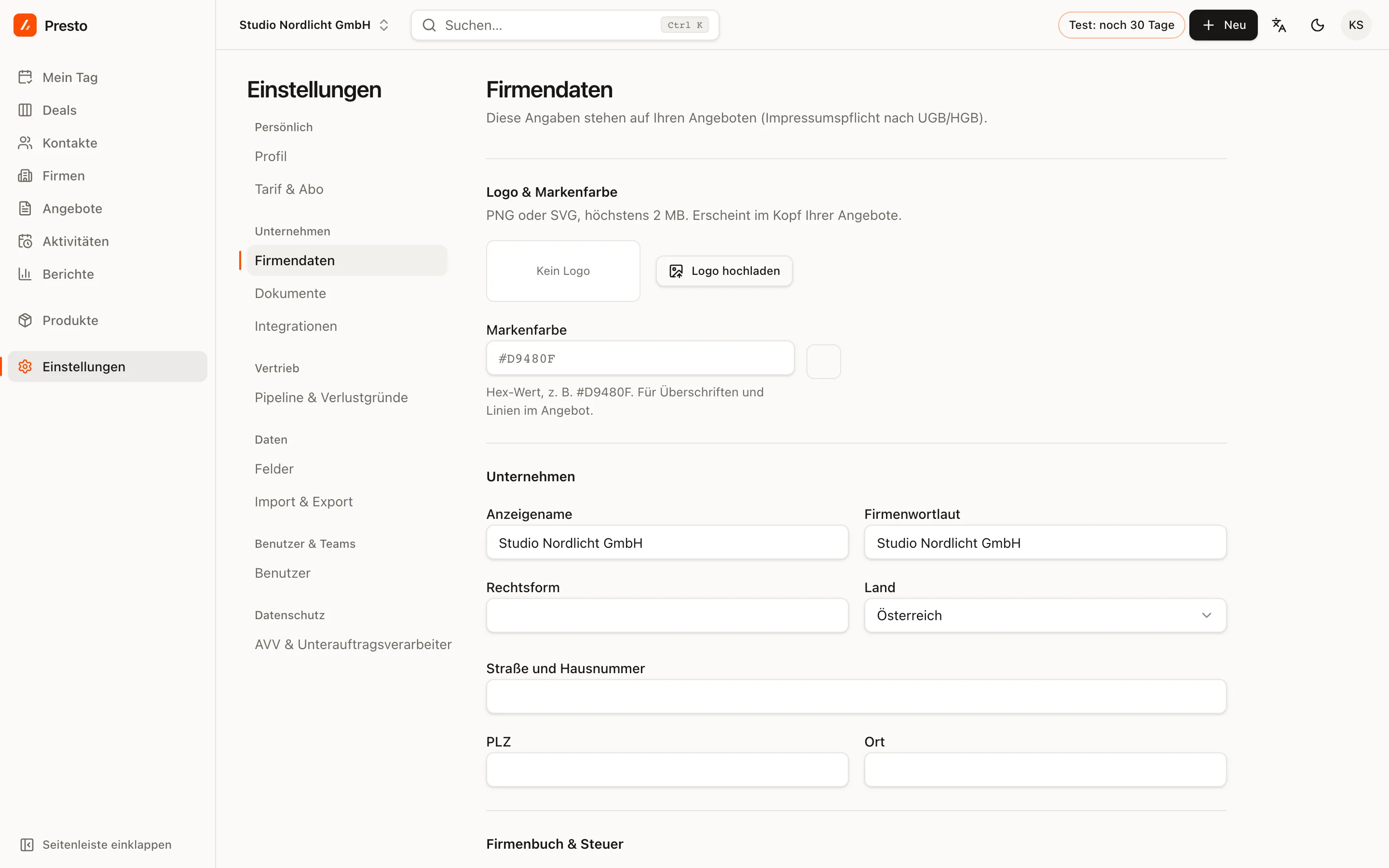 Einstellungen → Firmendaten