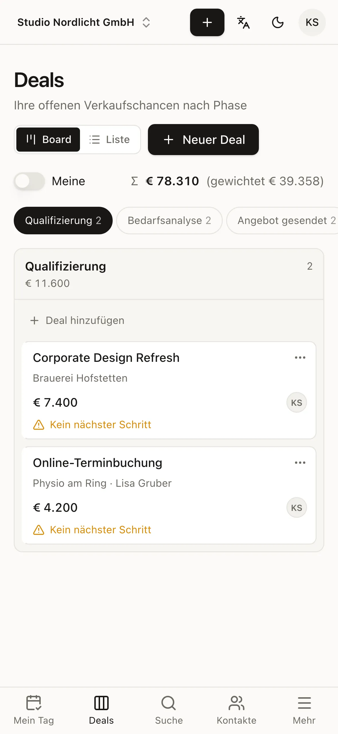 PrestoCRM on an iPhone: the deal pipeline with stages as tabs