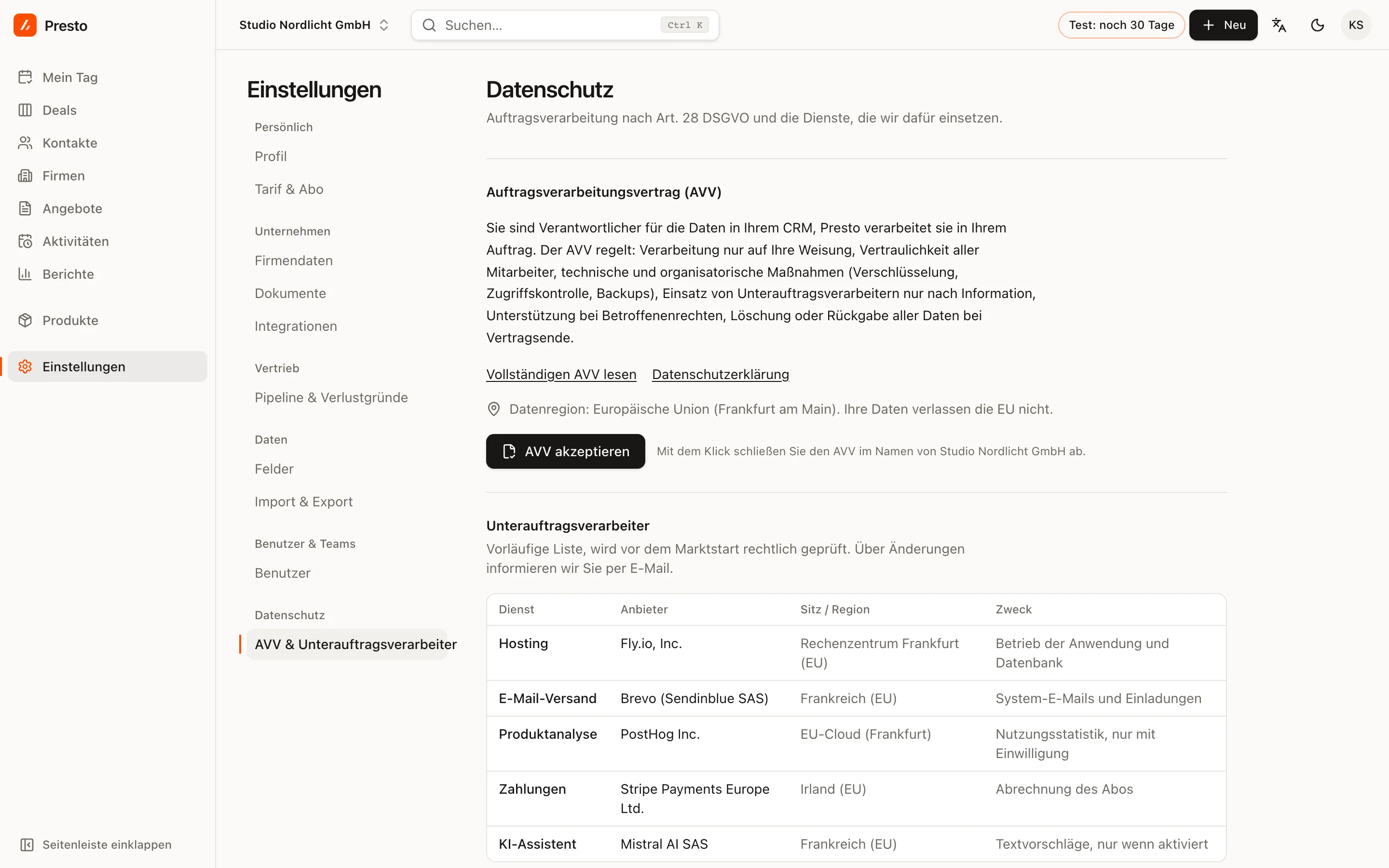 Einstellungen → AVV & Unterauftragsverarbeiter