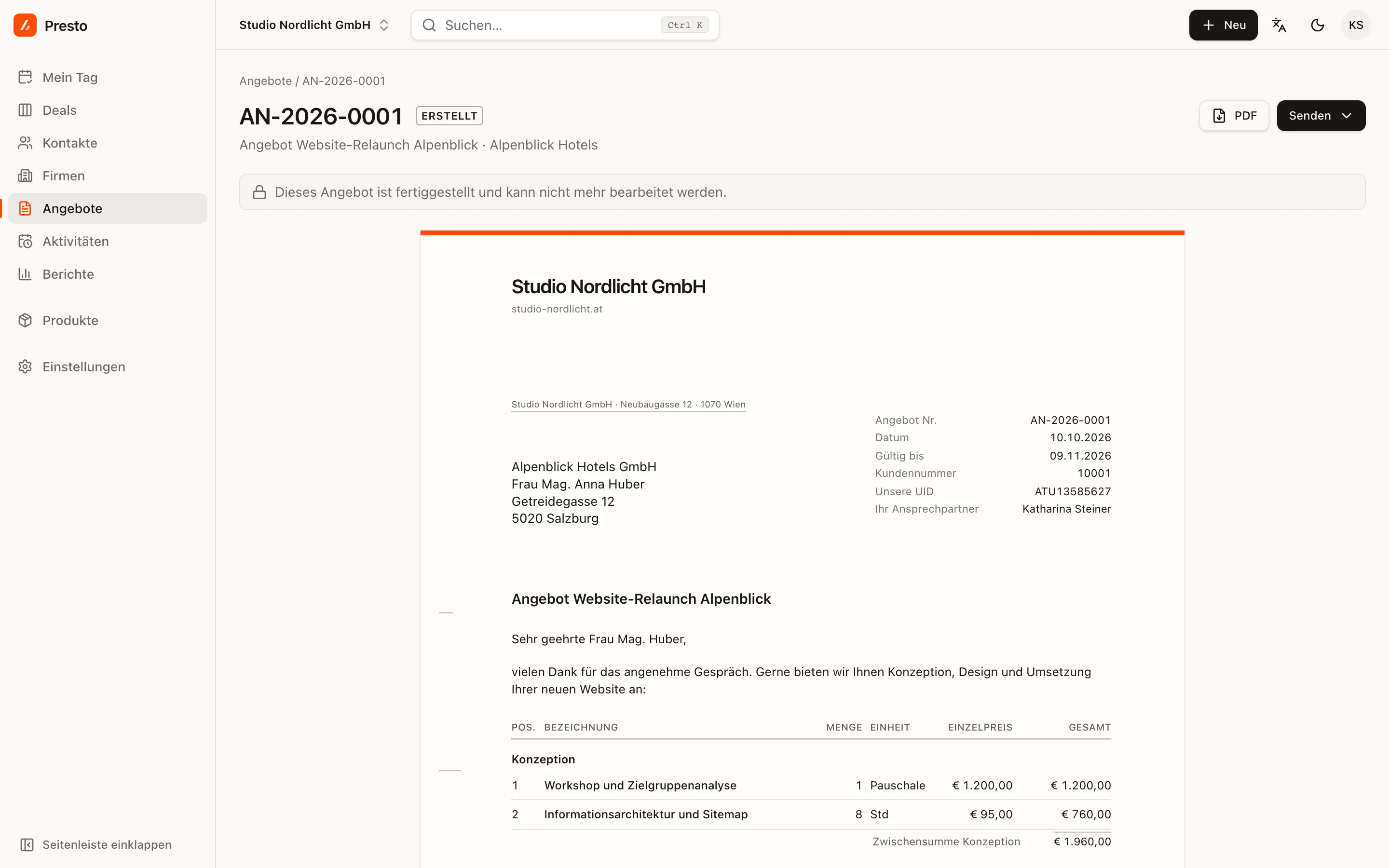 The quote editor in PrestoCRM with the A4 preview of the finished quote