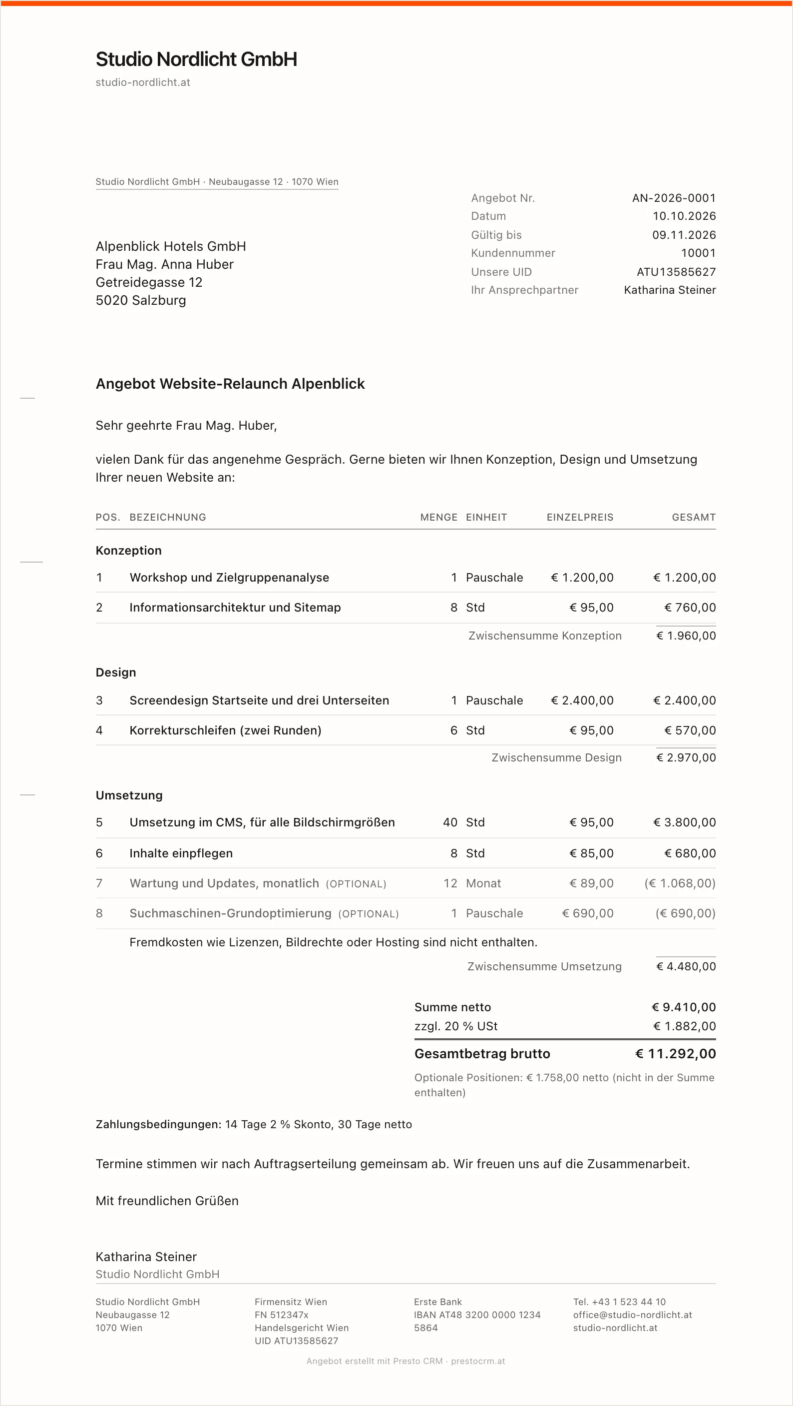 A finished quote with letter salutation, sections, optional items and VAT